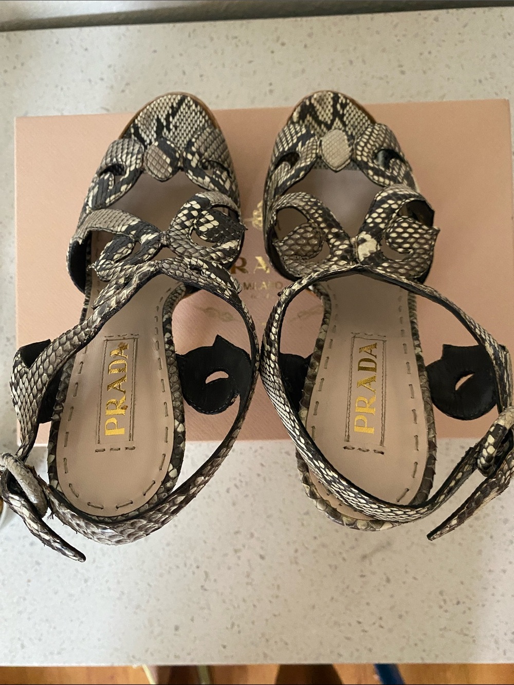 Prada Black and Cream Snakeskin-Effect Platform Heels - Picture 9 of 16